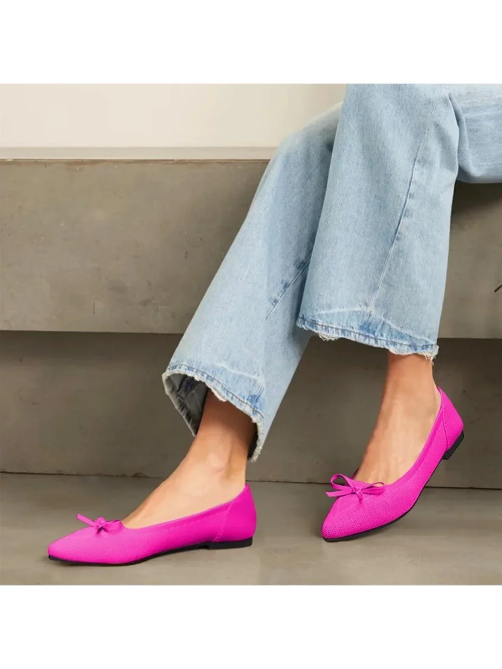 Women's Pink Flats Pointed Toe Bow Knit Ballet Shoes Comfortable Dressy Mesh